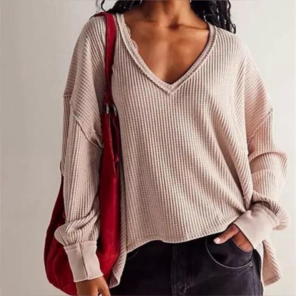 Free People We the Free Coraline Oversized V Neck Waffle Knit Top Winter Bloom M